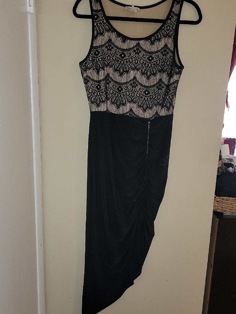 Black Lace Bodice Asymmetrical Evening Dress